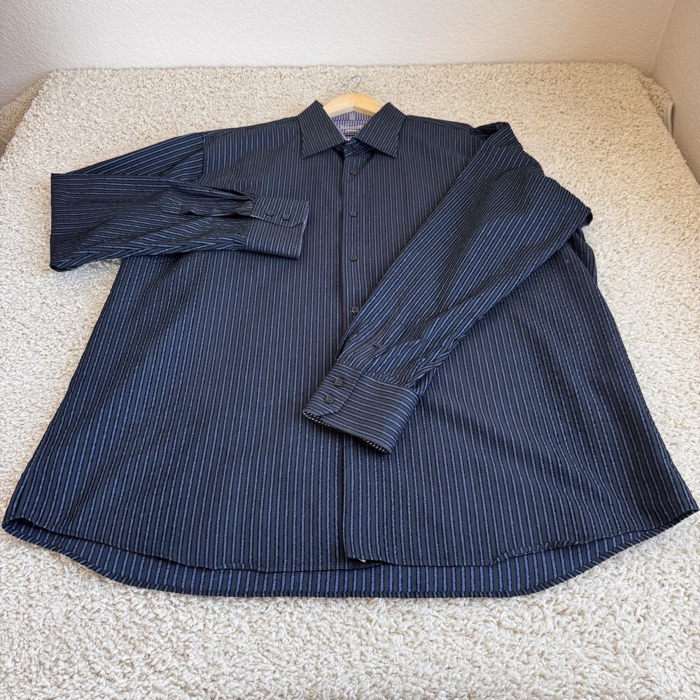 Visconti Uomo Men's 3XL Dress Shirt Blue Black Striped Mercerized Cotton